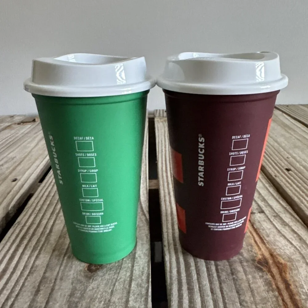 Lot of 2 Starbucks 16 ounce Reusable Coffee Cups Tetris‎ Geometric